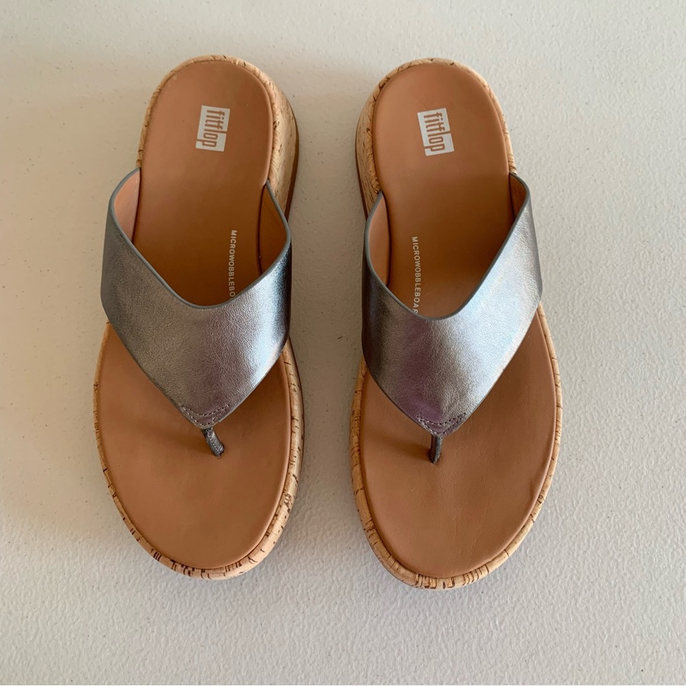 Fitflop F-Mode Metallic Leather and Cork Flatform Toe-Post Sandals